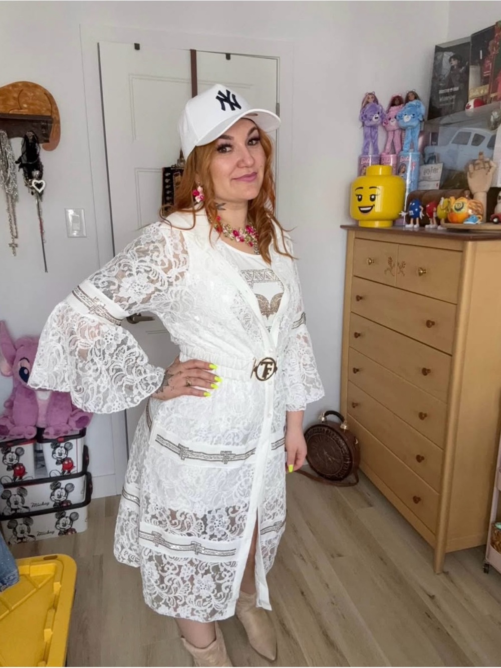 paparazzi White Lace Sheer Midi Dress with Bell Sleeves
